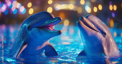 Two dolphins performing in the water park, smiling and playing together.