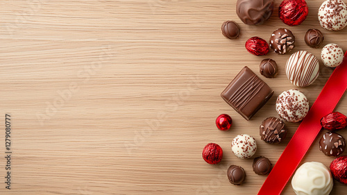 Assorted Gourmet Chocolates and Colorful Candy with Red Ribbon on Wooden Surface for Festive Celebrations
