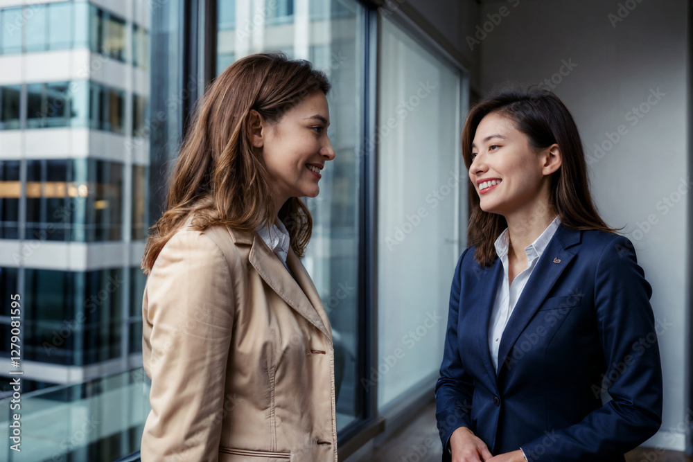 Two professionally dressed women are having a friendly conversation in a modern office setting. Generative ai. Two professionally dressed women are having a friendly conversation in a modern office setting. Generative ai.