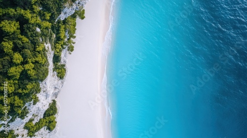 Aerial perspective showcasing a pristine beach featuring soft white sand and vibrant blue water, highlighting the beauty of natural coastal landscapes.