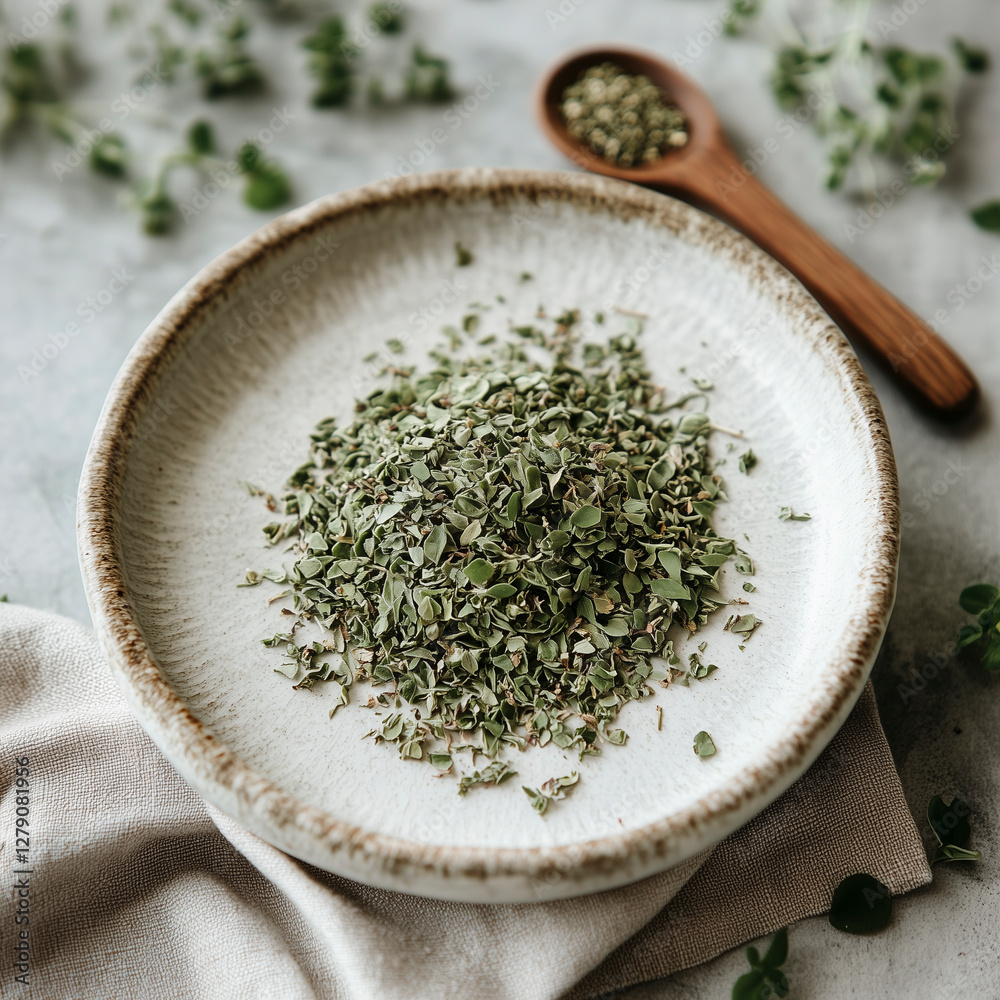 Flat Lay of Fresh and Dried Oregano on White Plate Flat Lay of Fresh and Dried Oregano on White Plate