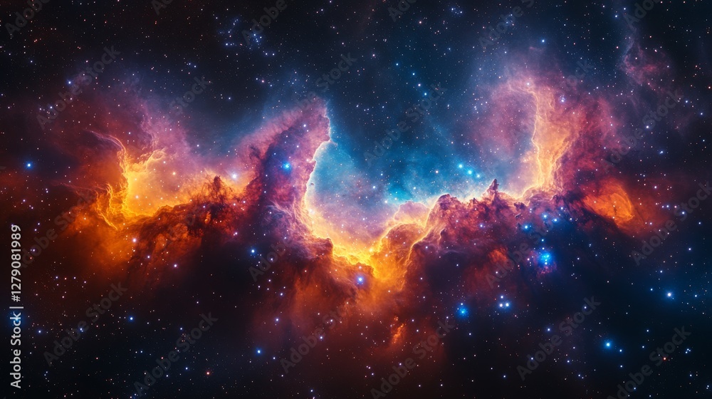 Fototapeta premium Vibrant nebula with orange and blue hues, cosmic dust and stars.