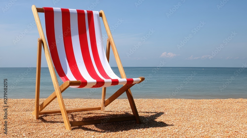 A vibrant red and white striped beach chair sits invitingly on a sandy beach, perfect for relaxation under the sun. A vibrant red and white striped beach chair sits invitingly on a sandy beach, perfect for relaxation under the sun.