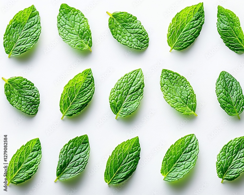 Fresh mint leaves arranged in a pattern on white background. Fresh mint leaves arranged in a pattern on white background.