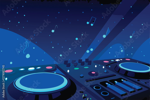 Render a futuristic DJ console, vibrant neon accents illuminating sleek metallic surfaces; intricate control panels and glowing buttons.