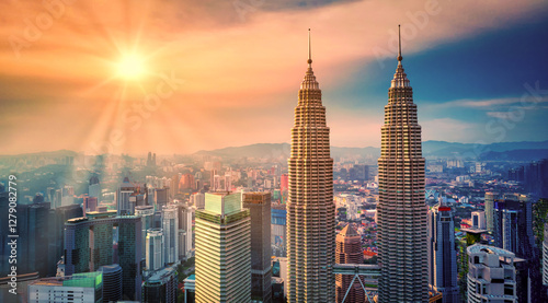 Aerial view of Kuala Lumpur city skyline at sunset in Kuala Lumpur, Malaysia.