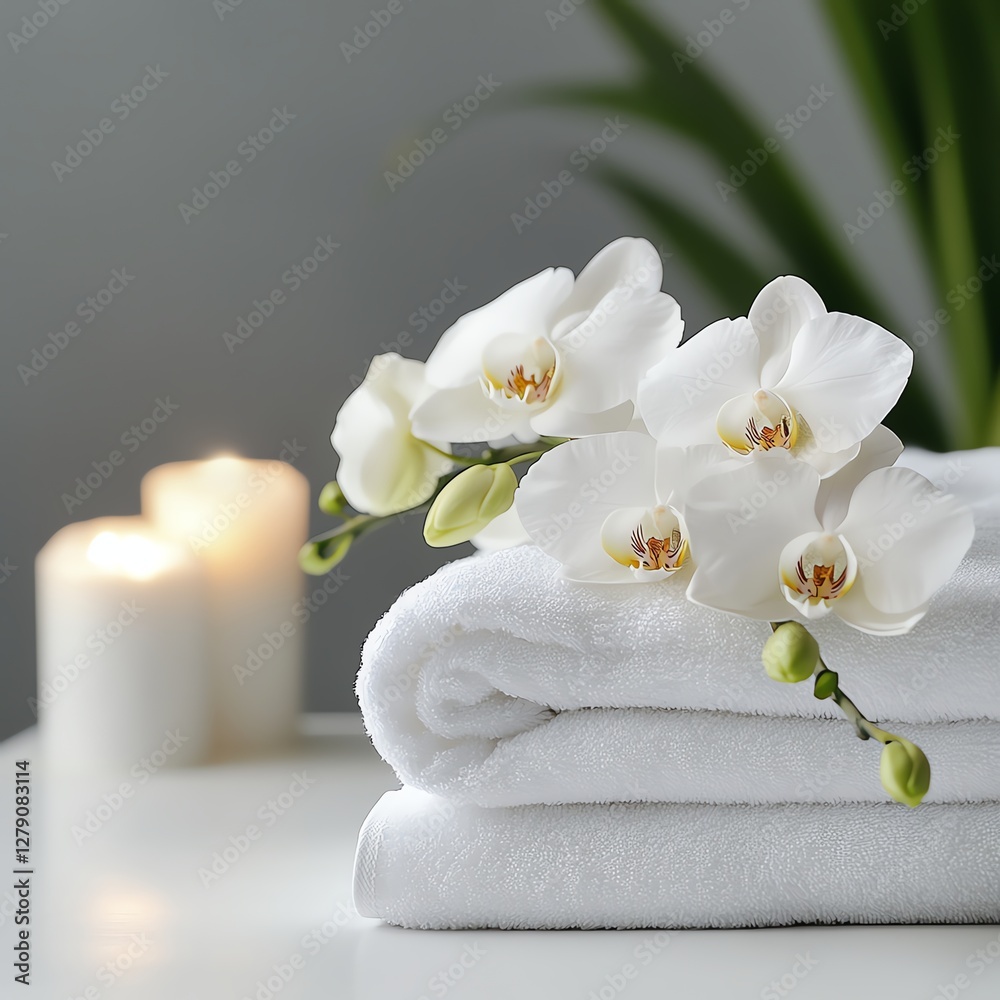 Fresh towels with white orchids and candles for a relaxing atmosphere Fresh towels with white orchids and candles for a relaxing atmosphere