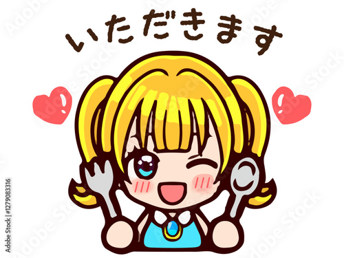 ご飯を食べるかわいいツインテールの女の子ちびキャラのイラスト素材