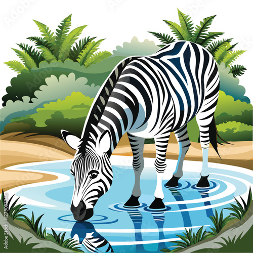 A realistic depiction of a black and white zebra gracefully drinking from a clear river, reflecting the surrounding environment.