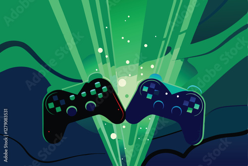 Design a futuristic gaming tech banner featuring glowing contours, vibrant neon accents, and sleek interfaces.  Illustrate advanced gaming hardware.