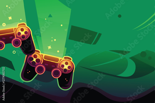 Design a futuristic gaming tech banner featuring glowing contours, vibrant neon colors, and sleek interfaces.  Include abstract shapes and digital elements.