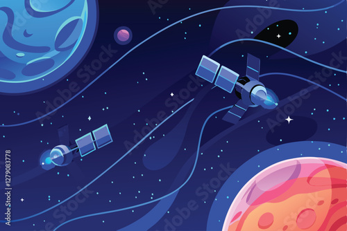 Design a futuristic banner showcasing advanced space technology; depict multiple orbiting satellites, vibrant nebulae, and sleek spacecraft.  Emphasize technological innovation.