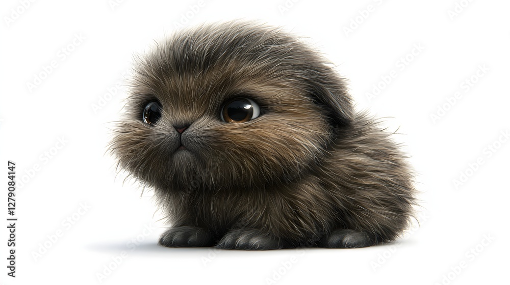 Adorable Little Kitten with Fluffy Brown Fur Sitting Against a White Background Adorable Little Kitten with Fluffy Brown Fur Sitting Against a White Background