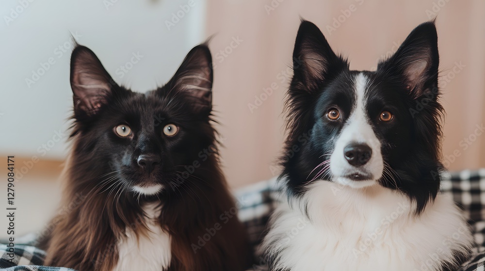 Obraz premium Close Up Portrait of Black Cat and Black and White Dog Sitting on Plaid Blanket