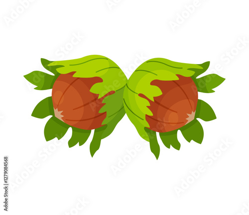 Hazelnuts with leaves. Cartoon hazelnut Hand drawn trendy flat style isolated icon. Organic raw hazel with leaves, tasty snacks. Forest nut Vector illustration