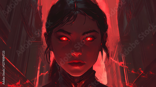 A sorceress with glowing red eyes. Ancient Eldritch Relic. Illustration
