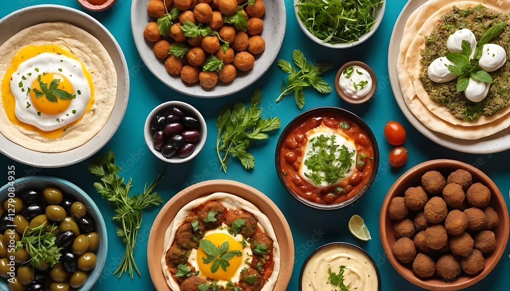 Colorful Middle Eastern Mezze Platter with Falafel, Hummus, and Fried Eggs Colorful Middle Eastern Mezze Platter with Falafel, Hummus, and Fried Eggs