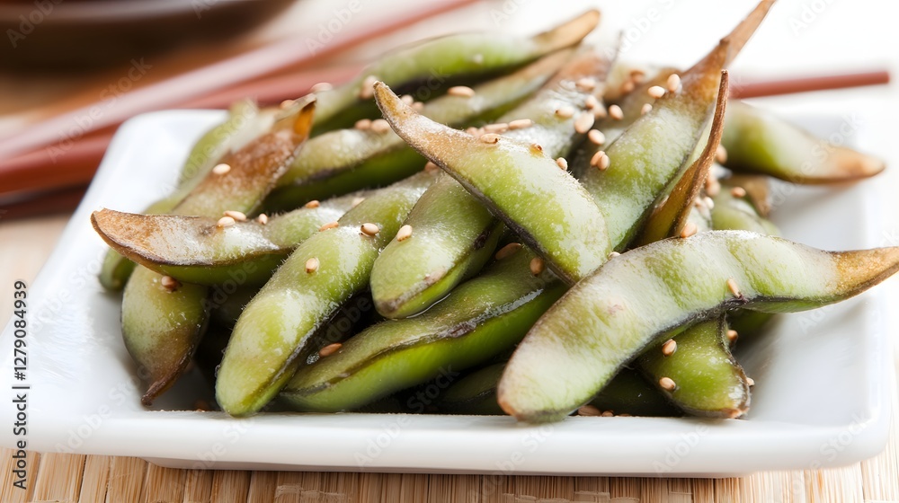 Close Up of Steamed Green Edamame Soybeans Sprinkled with Sesame Seeds on a White Plate Close Up of Steamed Green Edamame Soybeans Sprinkled with Sesame Seeds on a White Plate