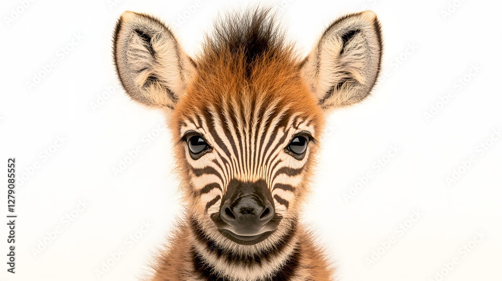 Obraz premium Adorable Zebra Foal Portrait with Brown Markings Against a Clean White Background