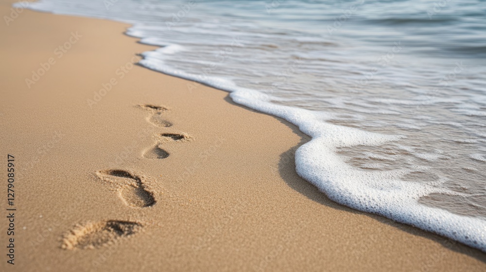 Footprints are imprinted in the sandy beach, with gentle waves lapping at the shore, creating a serene coastal scene. Footprints are imprinted in the sandy beach, with gentle waves lapping at the shore, creating a serene coastal scene.