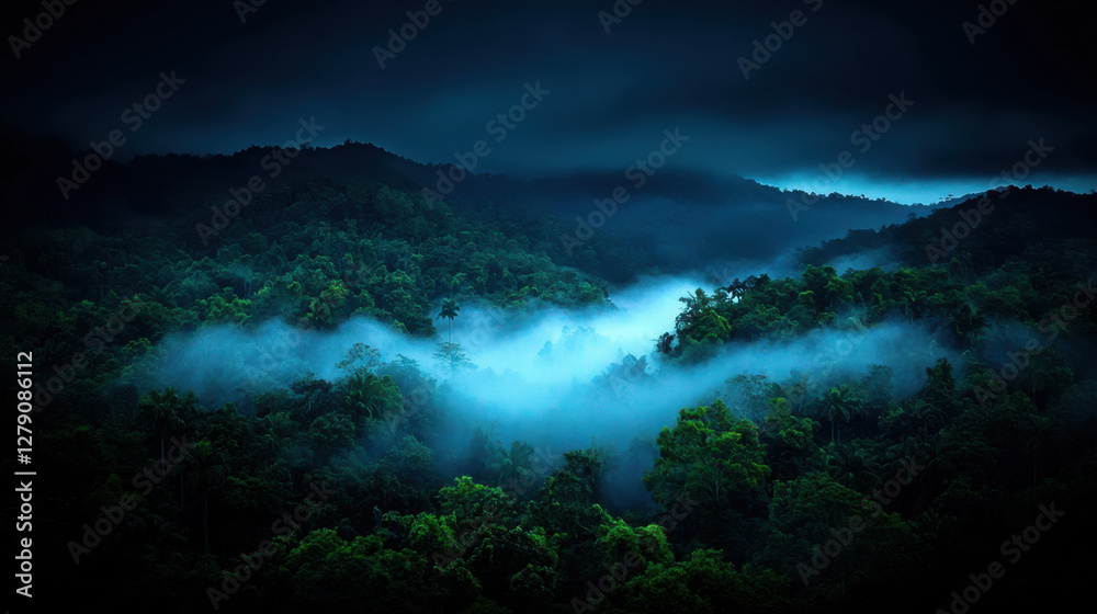 Mysterious fog enveloping lush green forest landscape Mysterious fog enveloping lush green forest landscape