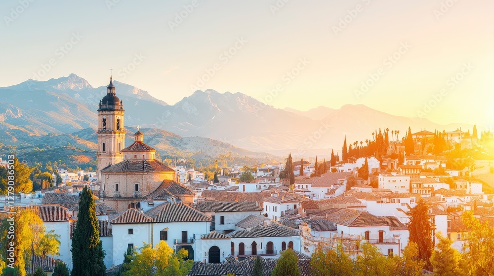 Fototapeta premium A scenic view of a historic town at sunset, featuring traditional architecture and mountains in the background.
