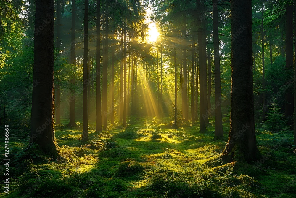 Fototapeta premium Sunbeams Piercing a Misty Forest