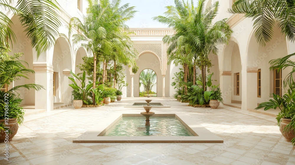 Fototapeta premium A tranquil courtyard features lush greenery, a soothing fountain, and elegant arches, creating a serene oasis for relaxation.