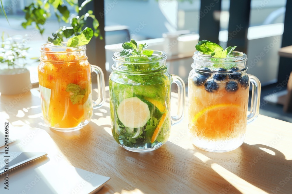 Fototapeta premium Refreshing fresh produce smoothies in clear jars on an outdoor table bathed in sunlight viewed from above