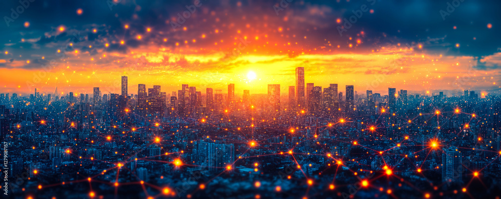 Fototapeta premium Smart City Technology with AI and IoT Network Connection under Futuristic Cloud Computing Big Data Sunset Sky