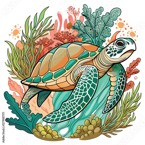 A majestic sea turtle gracefully glides through a vibrant, intricate coral reef ecosystem.  Detailed textures and lighting are essential.