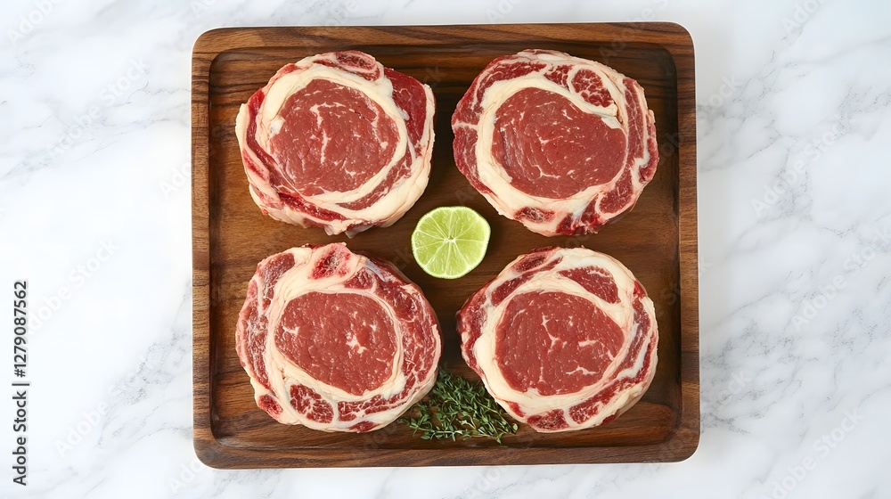 Four Raw Ribeye Steaks with Lime on Wooden Board Overhead Shot on White Marble Four Raw Ribeye Steaks with Lime on Wooden Board Overhead Shot on White Marble