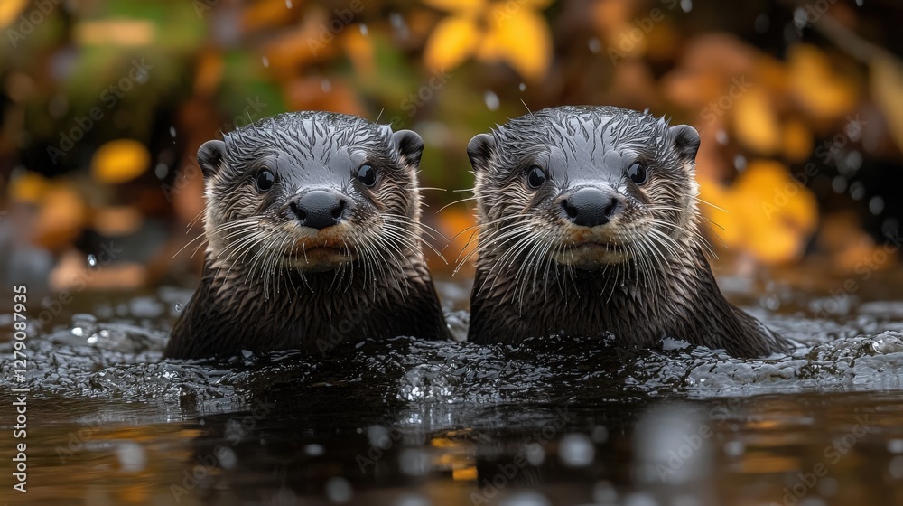 Two adorable otters emerge from dark water, their curious faces peering out against a blurred autumnal backdrop. Two adorable otters emerge from dark water, their curious faces peering out against a blurred autumnal backdrop.