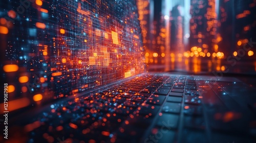Futuristic laptop displaying digital data stream against city backdrop.