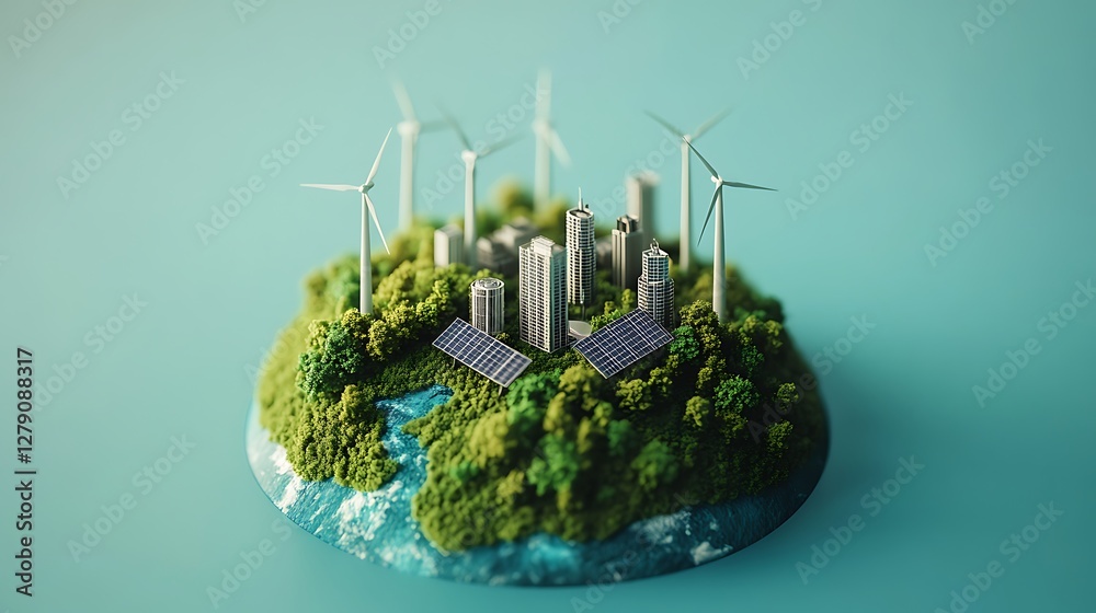 Obraz premium Sustainable City on a Miniature Planet, A miniature planet with a cityscape surrounded by lush greenery, solar panels, and wind turbines, symbolizing sustainable urban development and renewable energy