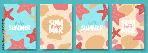 Hello Summer set of cards. Creative vector flyers with hand-drawn seashells and sea stars for decoration summer event, card, banner, cover, ads, holiday. Minimal art design of posters in pale color.