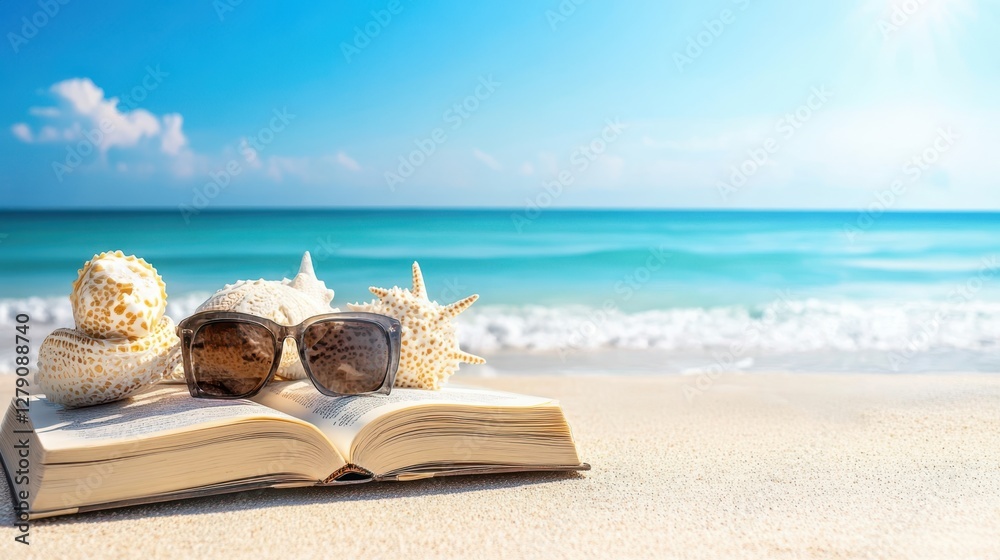 A book rests beside sunglasses on a sandy beach with the vast ocean stretching out in the background, evoking a sense of relaxation and leisure. A book rests beside sunglasses on a sandy beach with the vast ocean stretching out in the background, evoking a sense of relaxation and leisure.