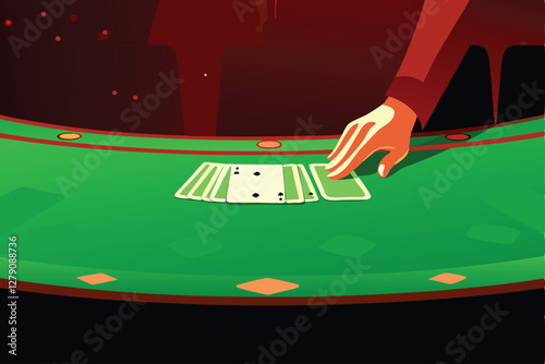 A close-up shot of a green felt casino table with a hand dealing playing cards, focusing on the partially visible cards and the dealer's hand.