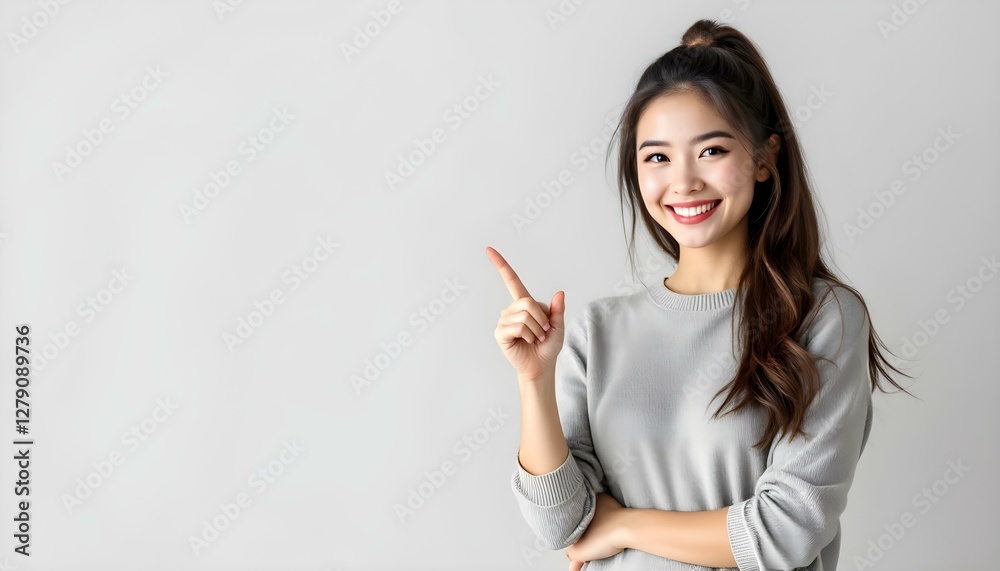A smiling young woman pointing left with a photogenic expression A smiling young woman pointing left with a photogenic expression