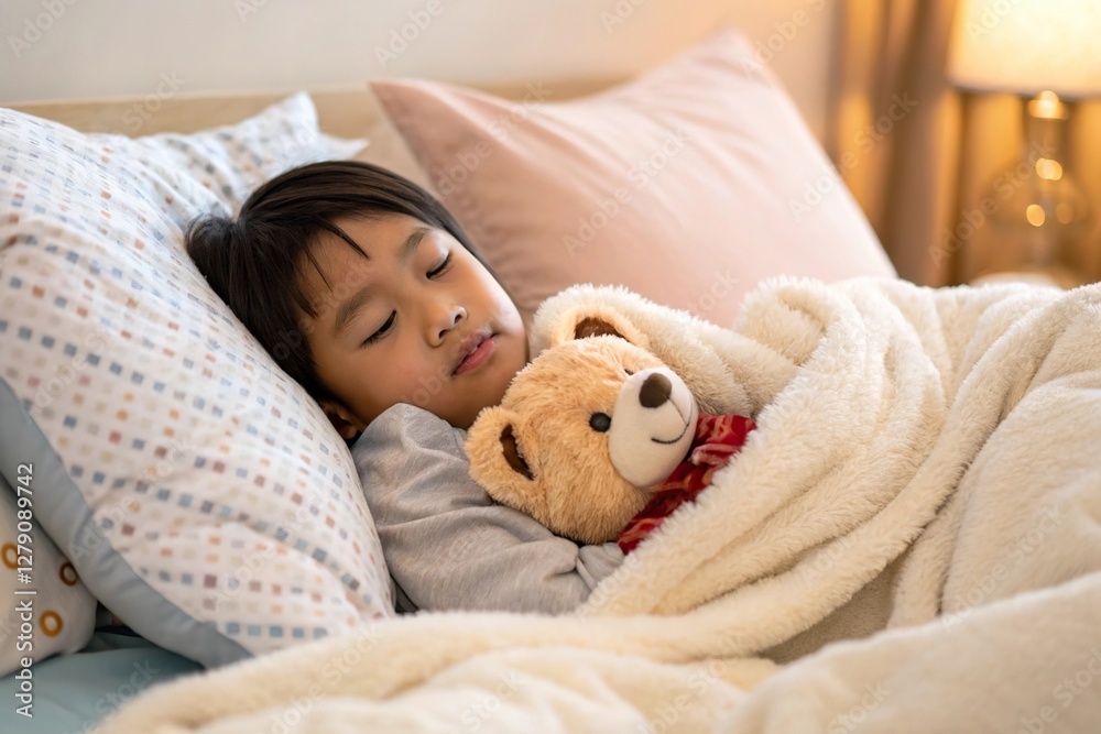 A peaceful child sleeping comfortably with a teddy bear, wrapped in soft blankets, creating a cozy atmosphere. A peaceful child sleeping comfortably with a teddy bear, wrapped in soft blankets, creating a cozy atmosphere.