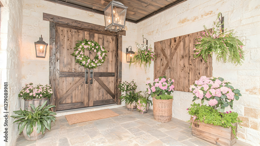 Naklejka premium Farmhouse entryway spring flowers stone