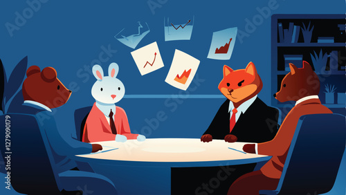 A whimsical illustration of diverse animals, including a dog, cat, bird, and rabbit, engaging in polite conversation around a round dining table.