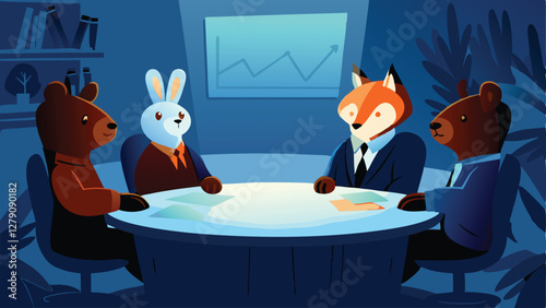 A whimsical illustration of diverse animals, including a bear, fox, rabbit, and owl, amicably seated around a round table, engaged in polite conversation.