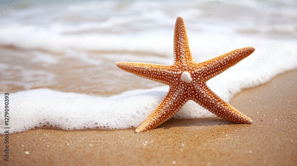 A starfish rests on sandy shore near gentle waves, showcasing its unique texture and color against the backdrop of the tranquil ocean. A starfish rests on sandy shore near gentle waves, showcasing its unique texture and color against the backdrop of the tranquil ocean.