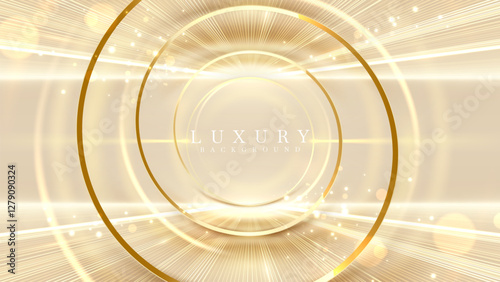 Golden circle frame with glowing lines decorated with bokeh effect.