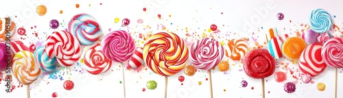 Colorful lollipops lined up against a bright white background, vibrant and cheerful.