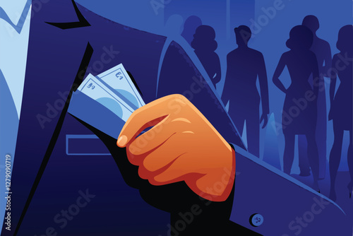 A subtly lit close-up of a hand discreetly placing cash into a tailored suit pocket, suggestive of bribery or a secret transaction.