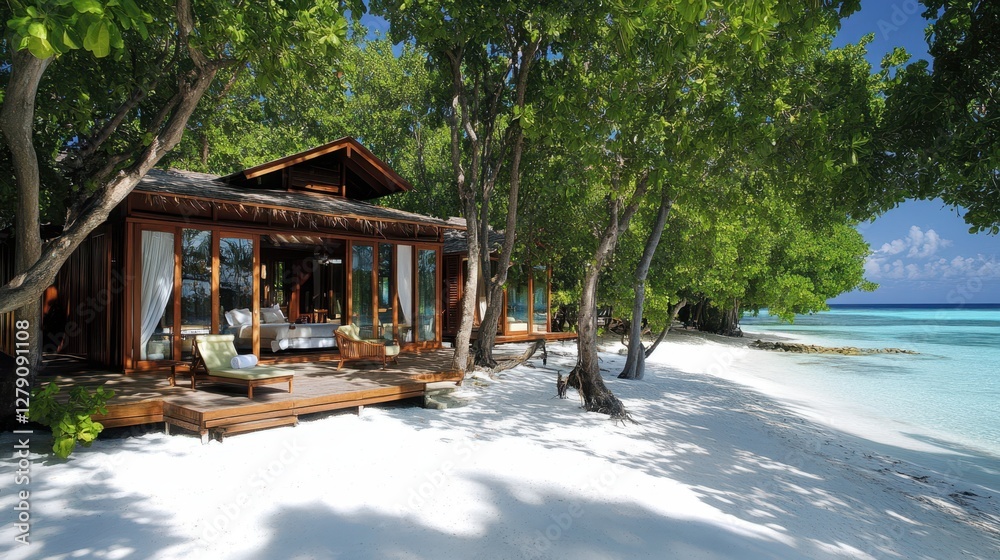 Naklejka premium A quaint wooden house sits on the beach, featuring a charming deck that invites relaxation and coastal enjoyment.