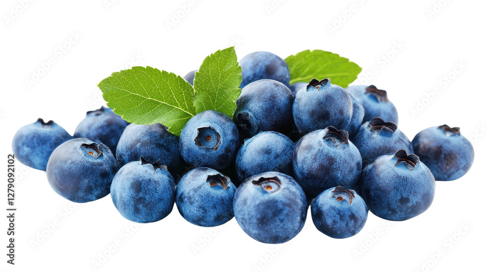 Fototapeta premium Fresh blueberries gathered together, vibrant blue round berries with a green leaf on top, perfect for healthy snacks or desserts. Isolated on white background or PNG