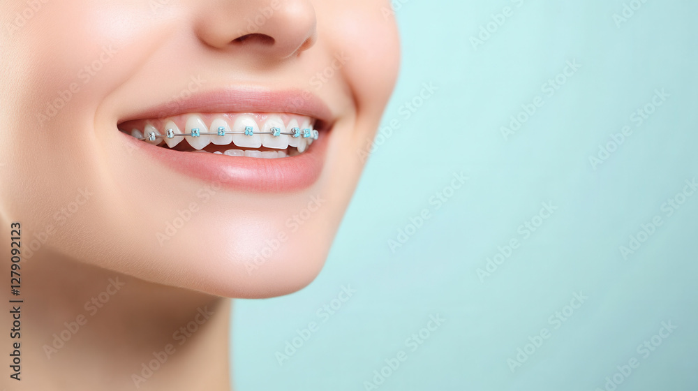 Obraz premium Braces adjustment smile transformation dental clinic portrait calm environment close-up orthodontics care
